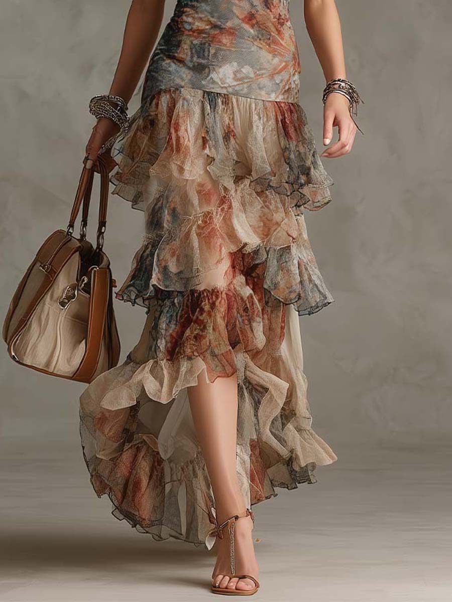 Bohemian Vintage Tie-Dye Print Halter Neck Tiered Chiffon Maxi Dress