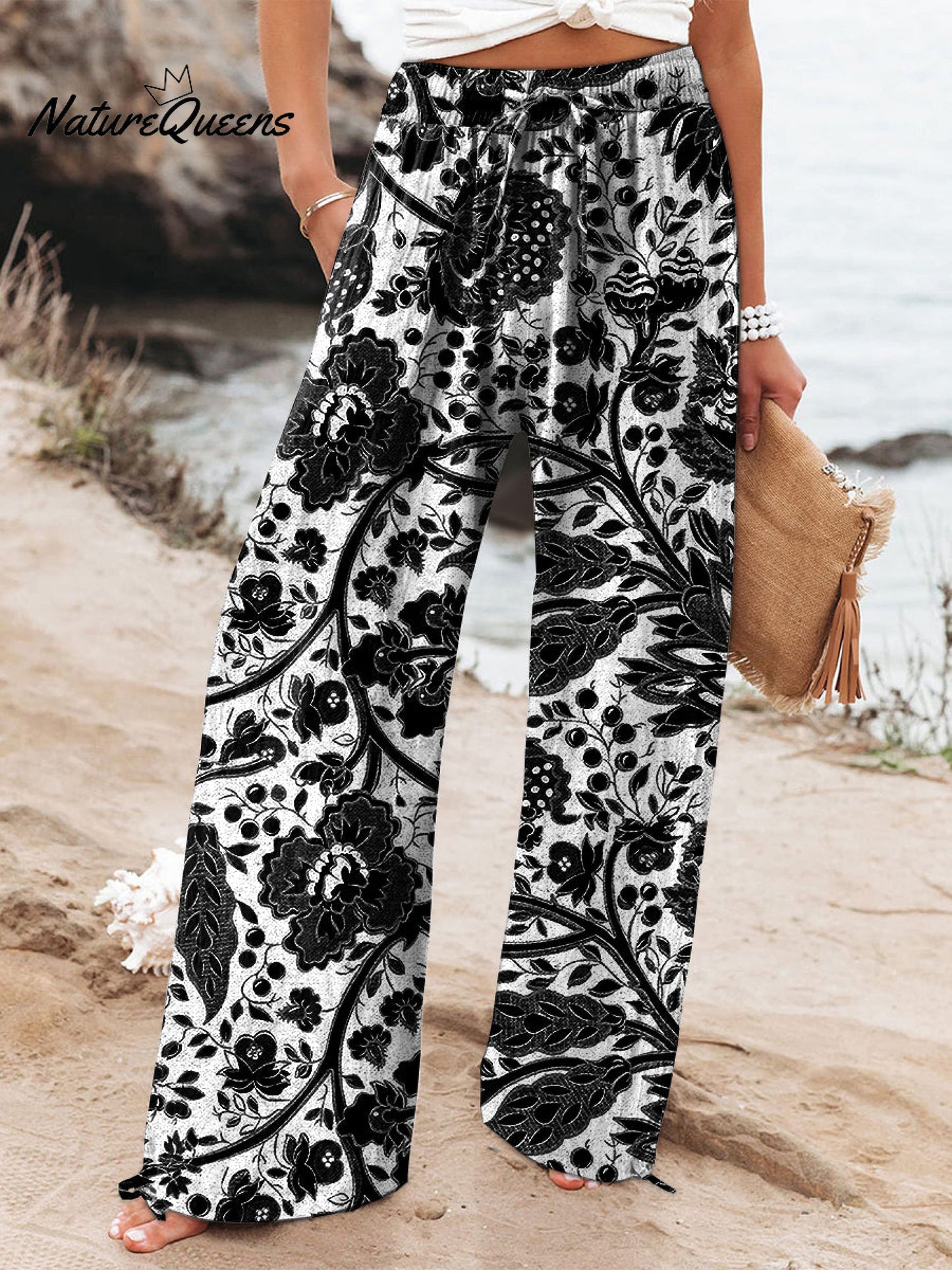 Women's Floral Art Printed Cotton And Linen Casual Pants