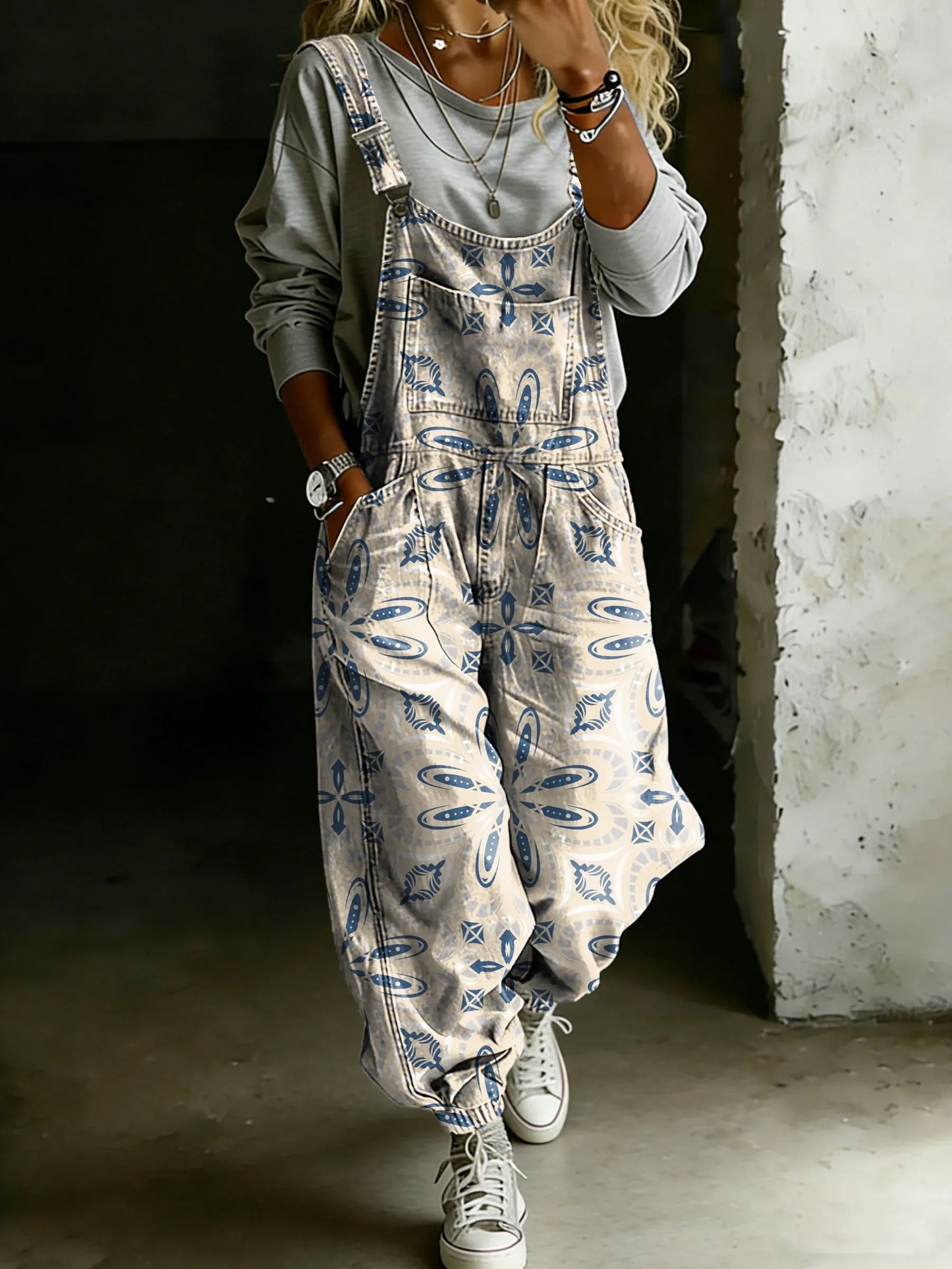 Women’s Vintage Ethnic Floral Art Print Casual One Piece Denim Jumpsuit