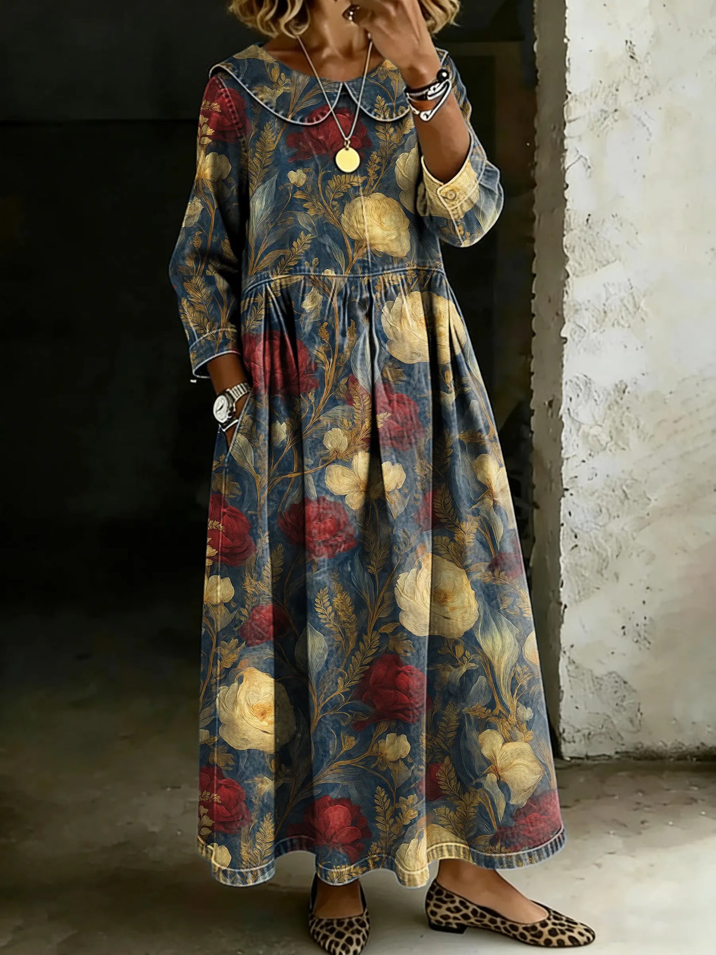 Women's Retro Floral Splicing Long-sleeved Loose-fitting Casual Denim Dress