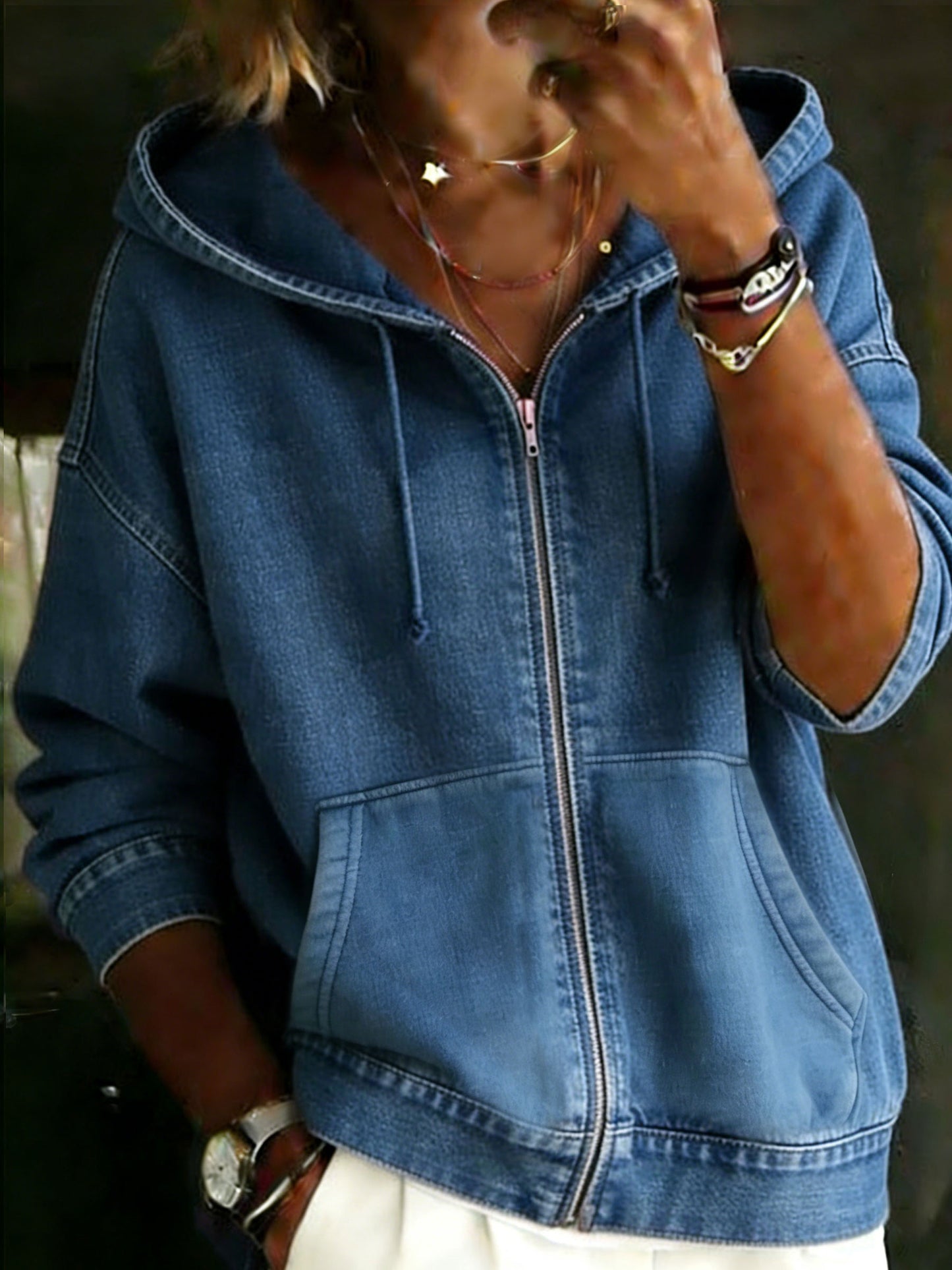 Women's Casual Long Sleeve Poket Denim Zipper Hoodie Coat