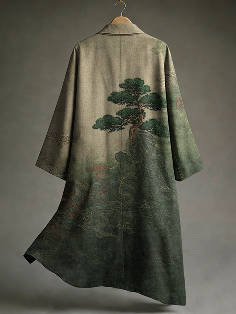Men's Vintage Japanese Art Print Linen Long Kimono