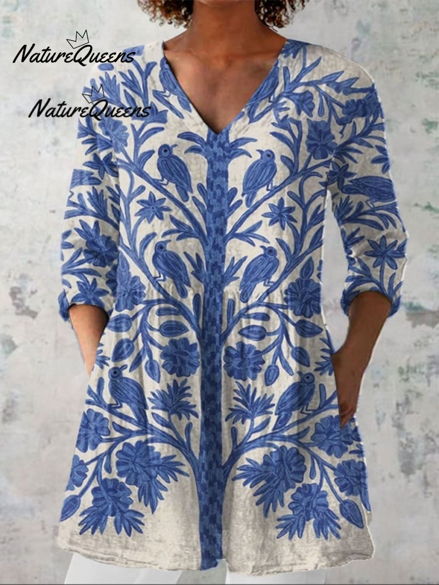 Women's Vintage Floral Art Print Casual Linen V-neck Shirt