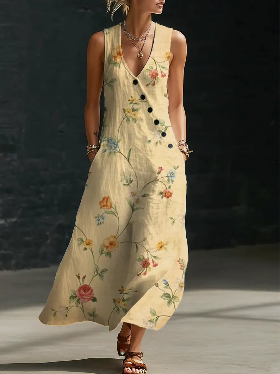 Women's Floral Pattern Art Print Casual Cotton Linen Dress