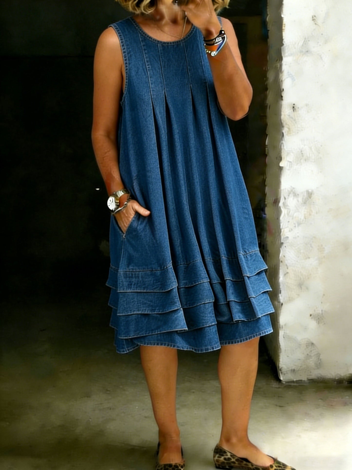 Women's Solid Color Loose Denim Pocket Dress