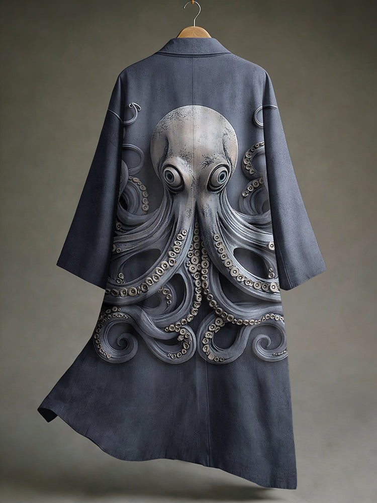 Men's Vintage Japanese Art Octopus Print Linen Long Kimono