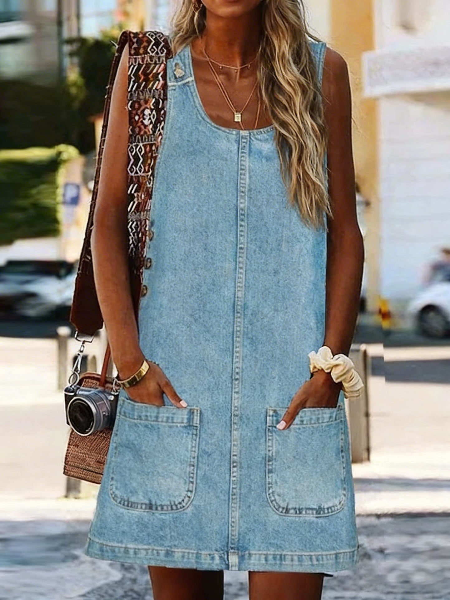 Women's Retro Sleeveless Pocket Casual Denim Dress