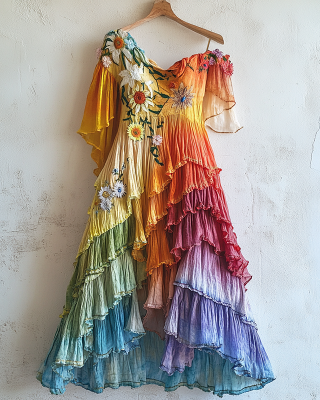 Rainbow Linen Ruffle Daisy Embroidery Irregular Dress 72a4