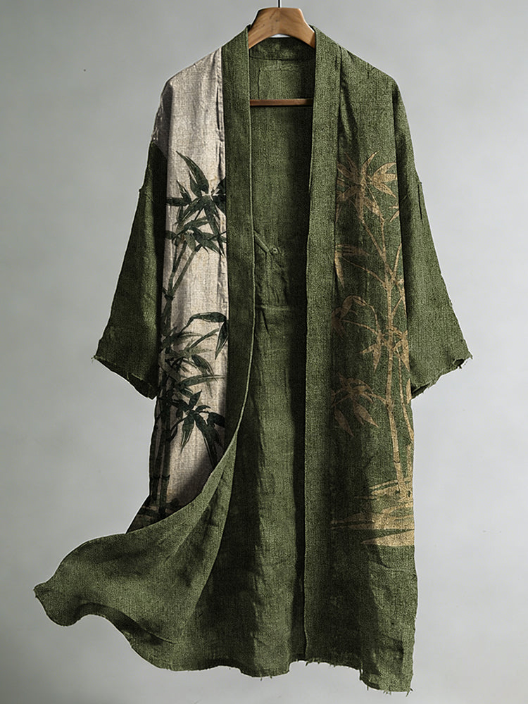 Men's Vintage Bamboo Japanese Art Print Linen Long Kimono