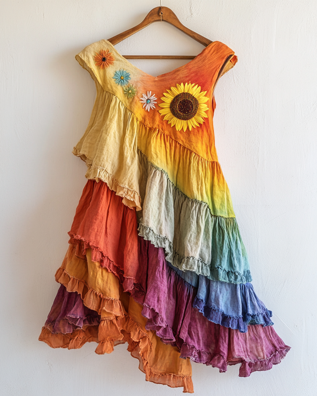 Rainbow Tie-Dye Ruffle Sunflower Embroidered Dress 1dc0