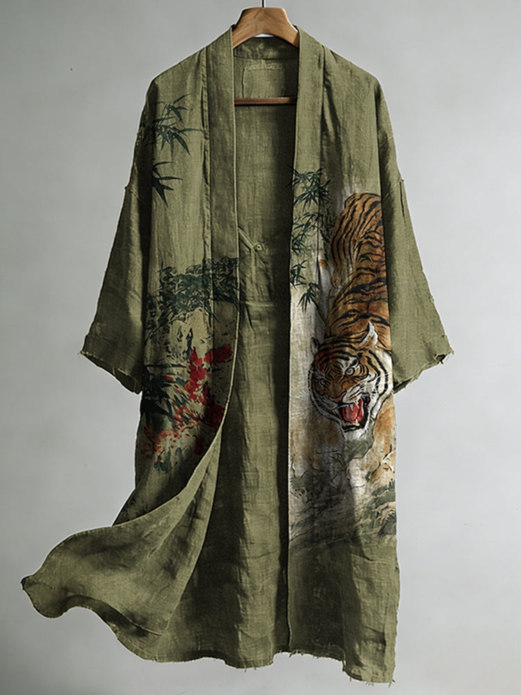 Men's Vintage Bamboo & Tiger Japanese Art Print Linen Long Kimono