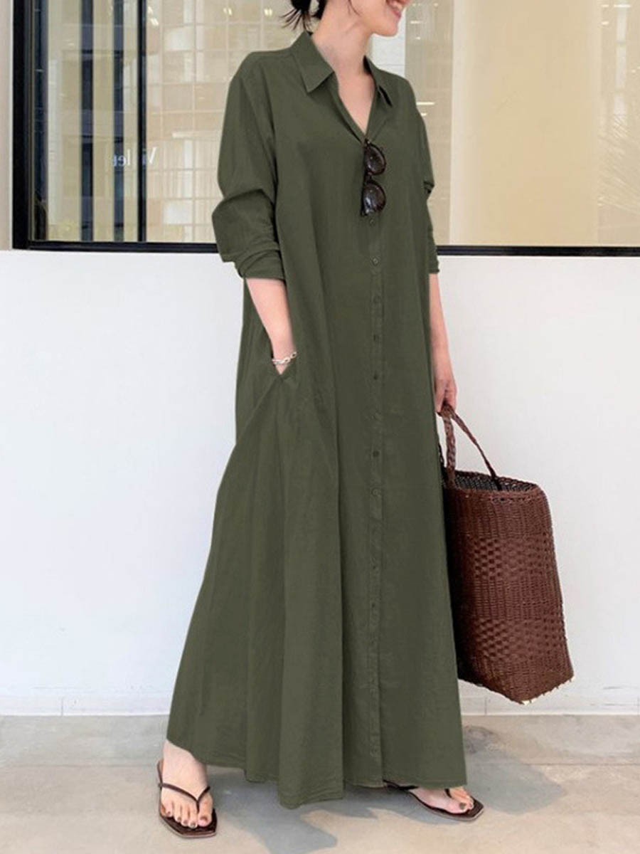 Women's Solid Color Casual Loose Elegant V-Neck Cotton And Linen Pocket Shirt Dress