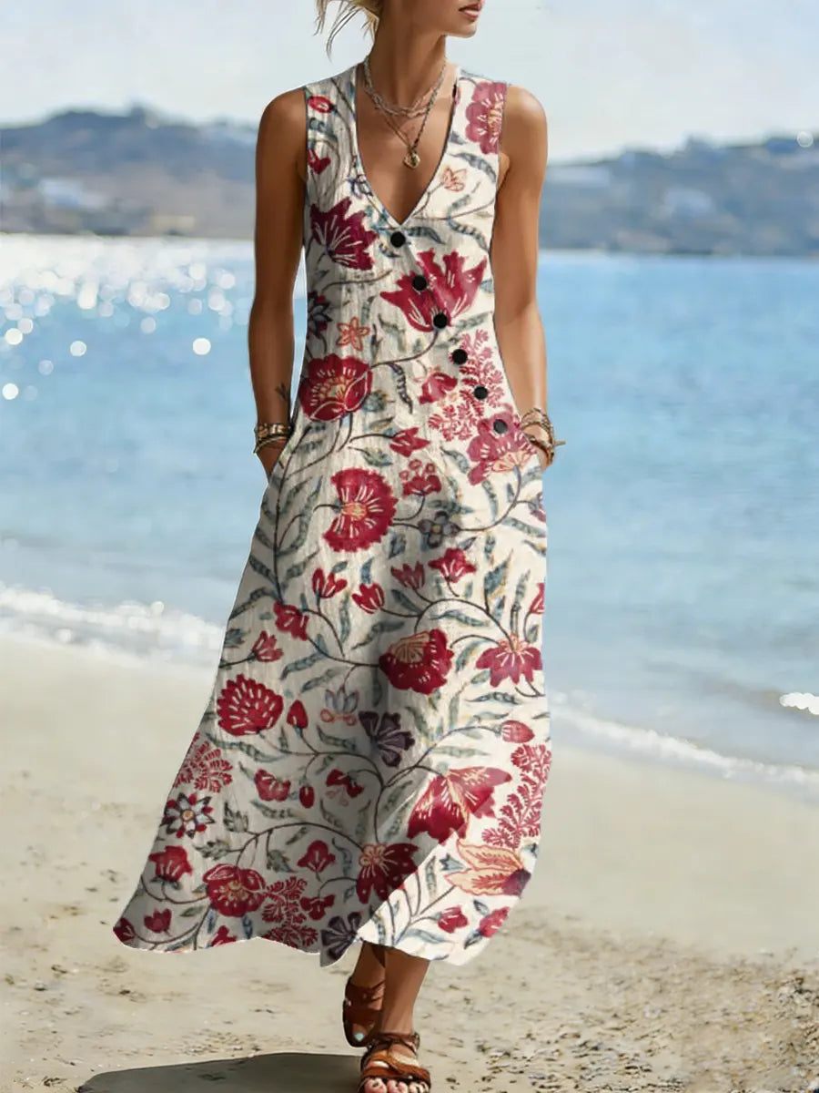 Women's Floral Pattern Art Print Casual Cotton Linen Dress