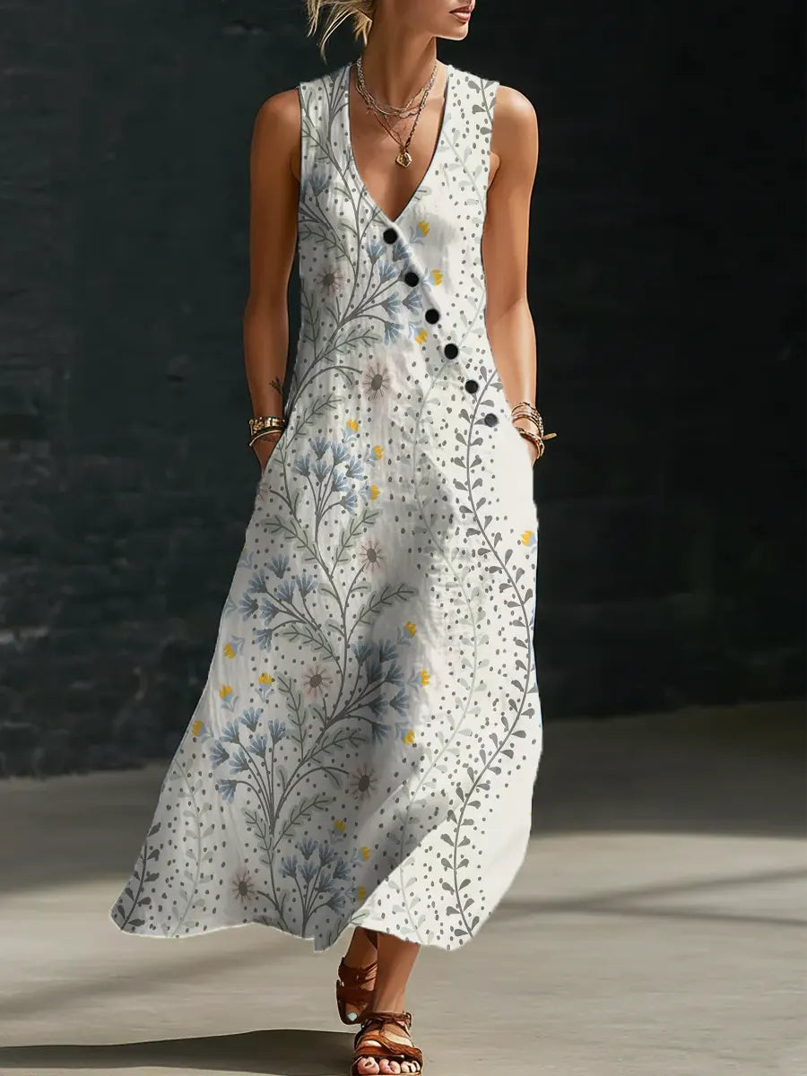 Women's Floral Pattern Art Print Casual Cotton Linen Dress