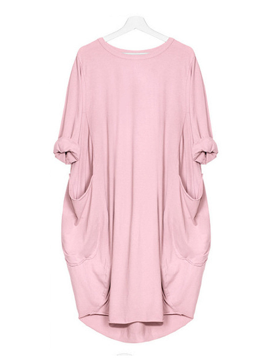 Women's Solid Color Loose Elegant Casual Long-sleeved Pocket Dress