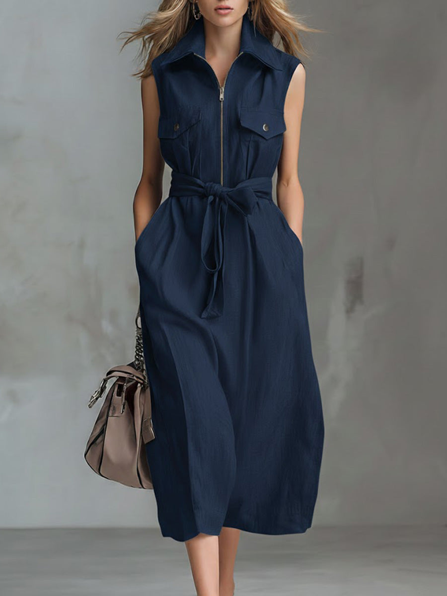 Women's Solid Color Lapel Sleeveless Casual Loose Cotton And Linen Dress