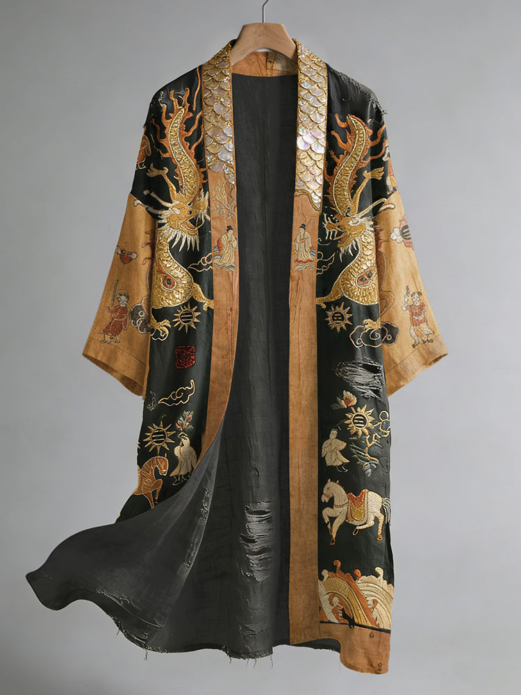 Retro Dragon Mural-inspired Pattern Casual Linen Blend Kimono