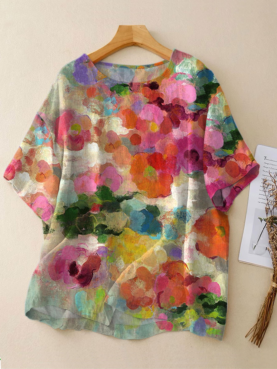 Women's Vintage Flowers Art Print Casual Linen Crew Neck Shirt
