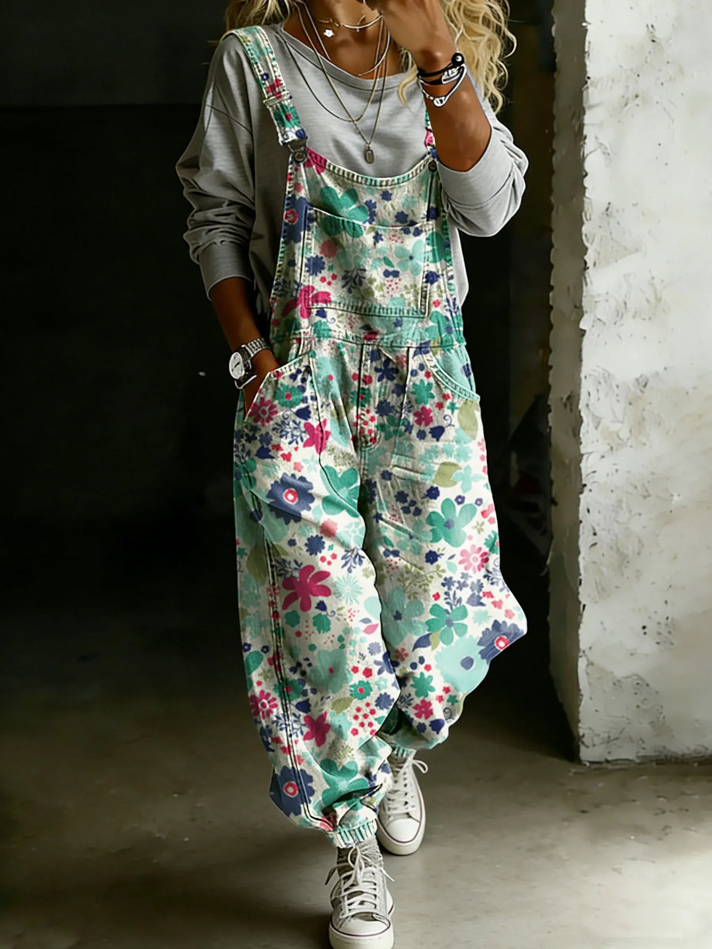 Women’s Vintage Floral Art Print Casual One Piece Denim Jumpsuit