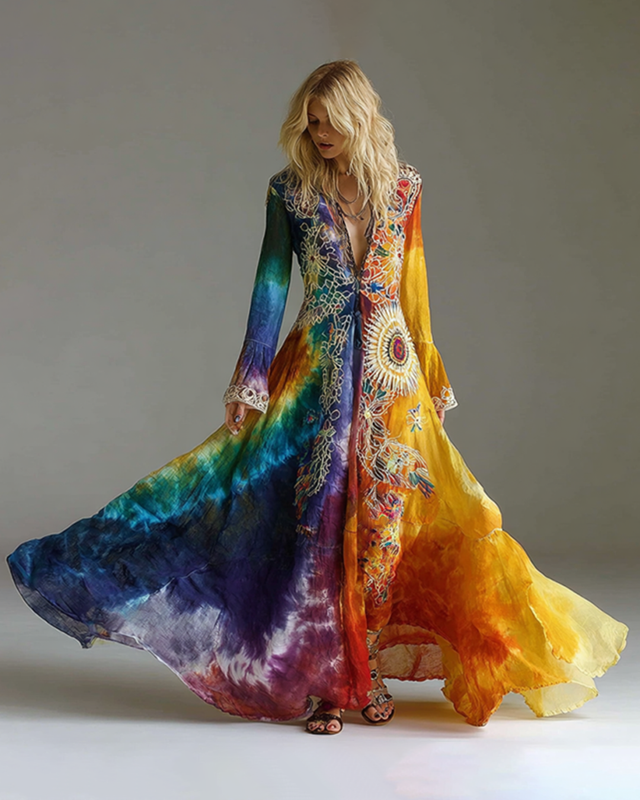 Women's fashionable bright rainbow tie-dyed cotton and linen dress 4360
