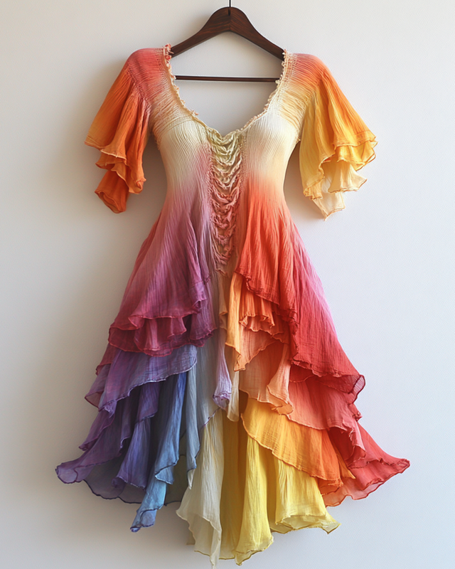 Rainbow Tie-Dye Ruffle Short Sleeve Chiffon Dress 8f52