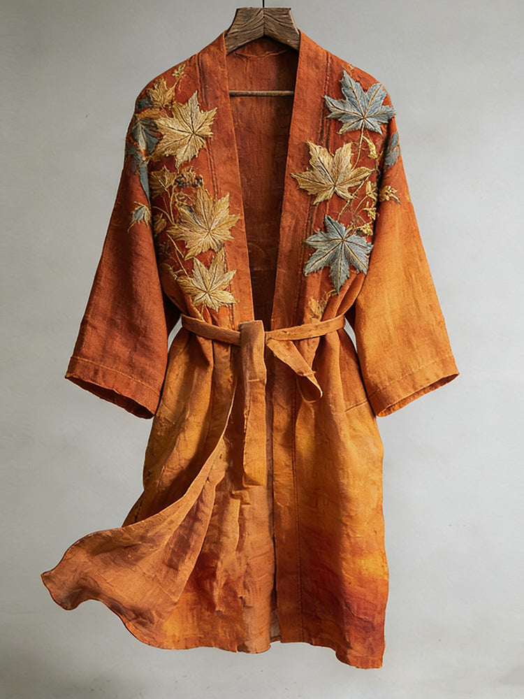 Japanese Maple Leaf Print Linen Blend Long Kimono