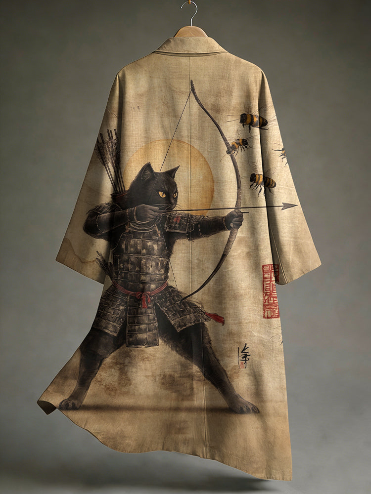Men's Black Cat Tribal Warrior Japanese Kyudo Print Linen Long Kimono