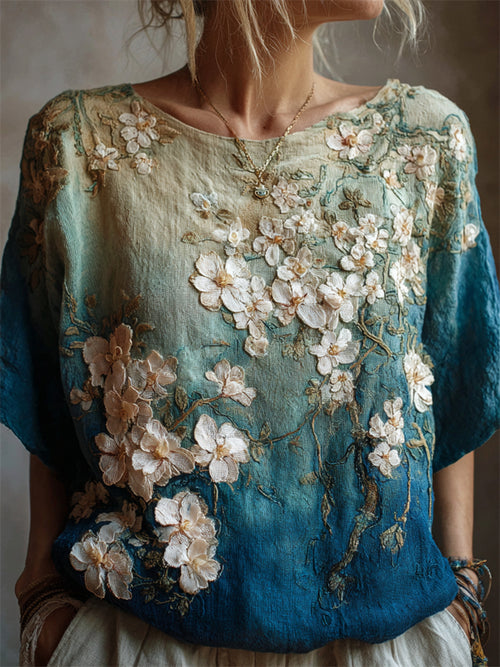 Oil Painting Almond Blossom Embroidered Gradient Linen Tunic