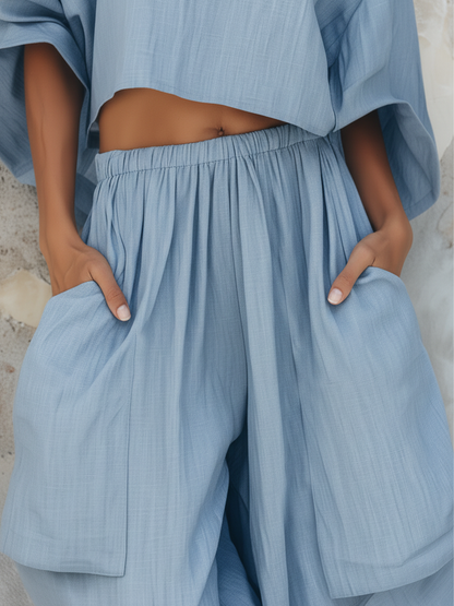 Light Blue Cotton Linen Two Piece Set - Loose Crop Top & Wide Leg Pants