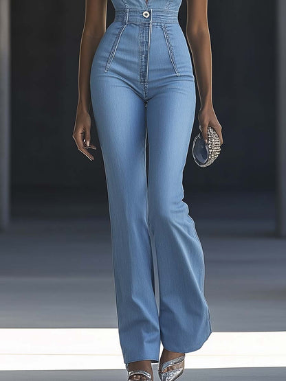 [24-hour shipping out]Simple and Fashionable V-neck Sleeveless Tight Light Blue Denim Jumpsuit