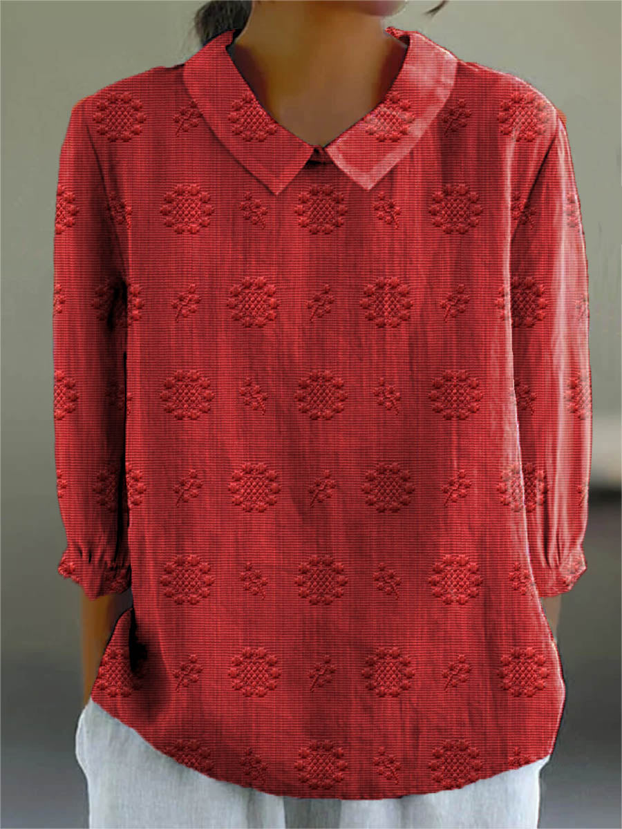 Women's Vintage Floral Art Print Casual Cotton And Linen 3/4 Sleeve Shirt