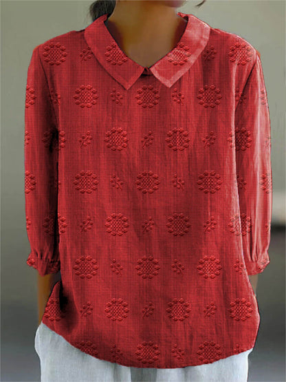 Women's Vintage Floral Art Print Casual Cotton And Linen 3/4 Sleeve Shirt