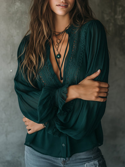 Quiet Luxury Chiffon Lace Splicing Tie Neckline Blouse