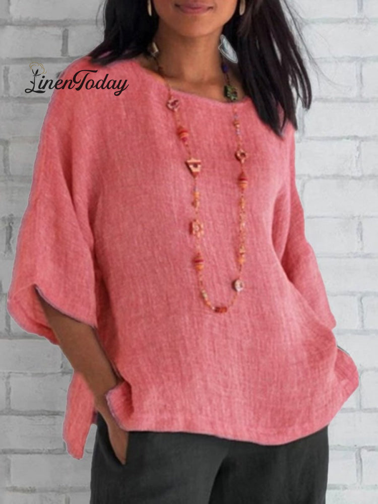 Crewneck Cotton and Linen Shirt Top