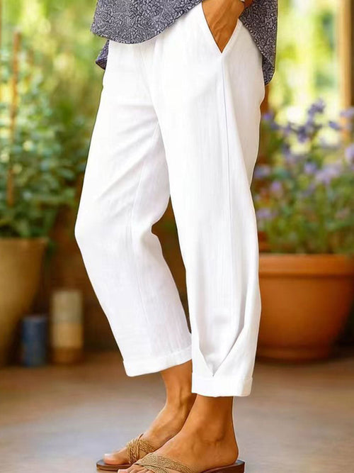 Women's Cotton-linen Solid Color Elastic Waist Pockets Straight Leg Loose-fit Casual Trousers