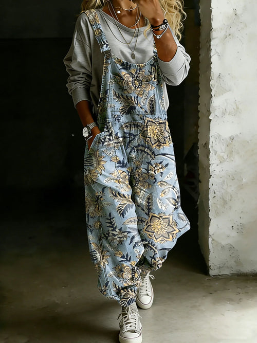 Women’s Vintage Abstract Ethnic Floral Art Print Casual One Piece Denim Jumpsuit
