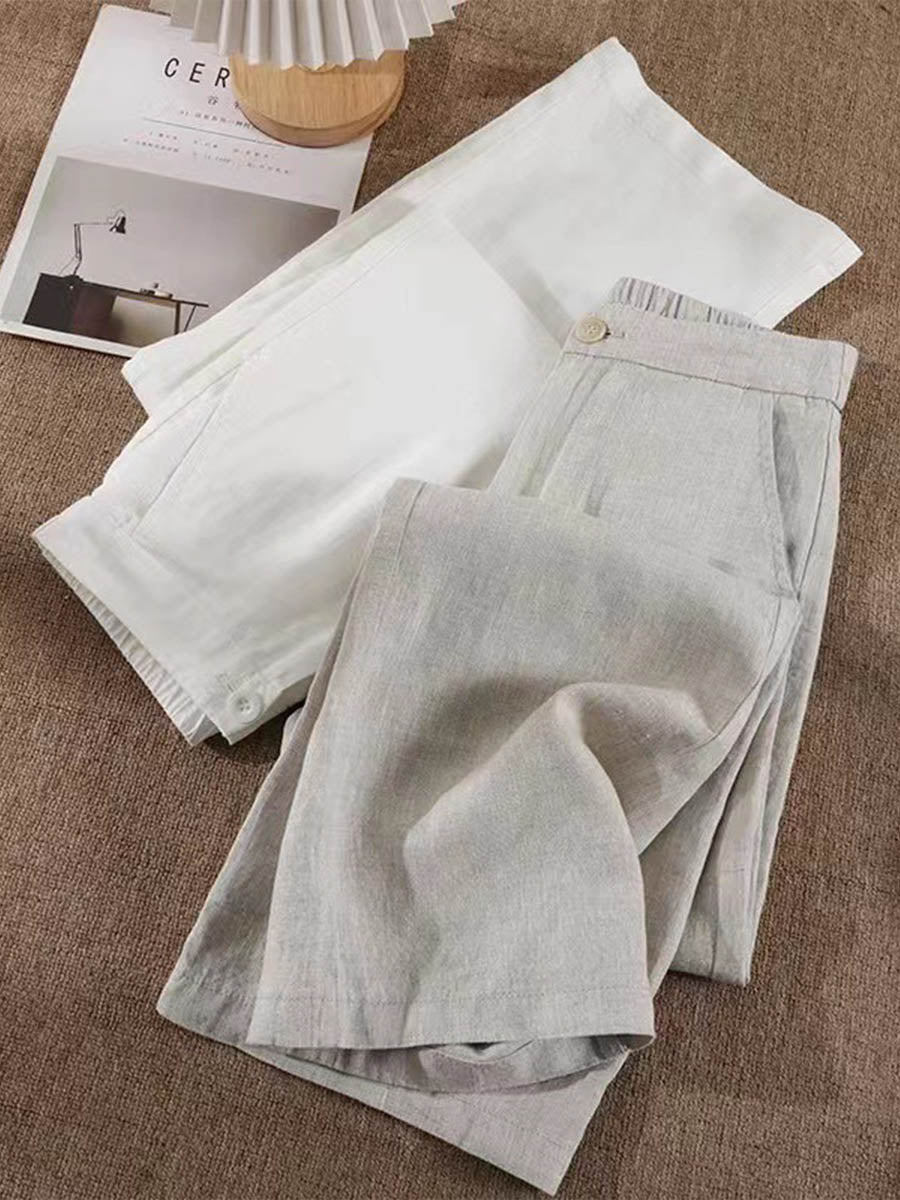 Women's Solid Color Half Elastic Waist Casual Cotton and Linen Wide Leg Pants