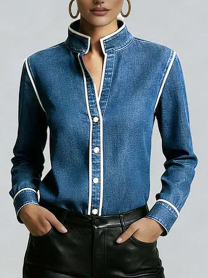 Women's Stand Collar Long Sleeve Casual Loose Denim Shirt