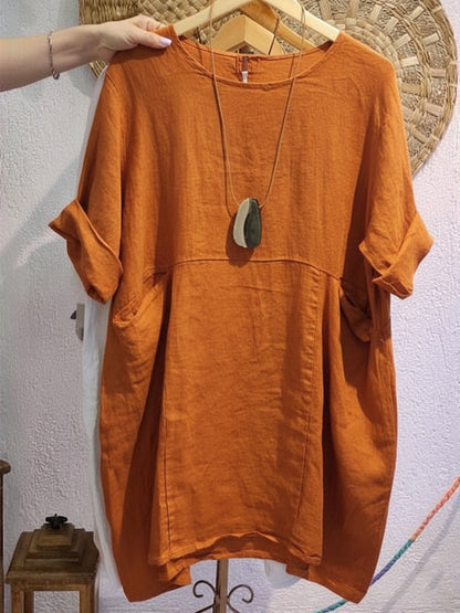 Women's Linen And Cotton Round-neck Dress