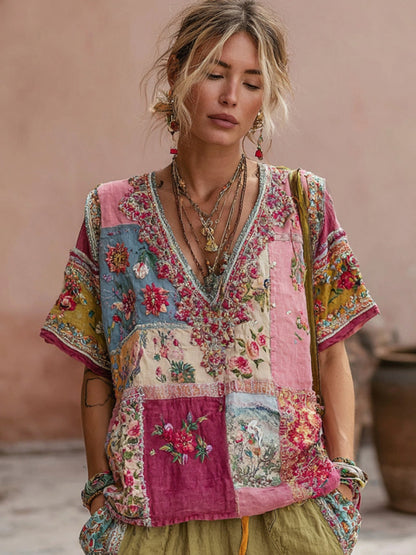 Women's Vintage Bohemian Floral Embroidery Art V-neck Linen Blend T-shirt