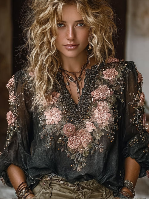 Bohemian Style Pink Rose Black Casual V-neck Long Sleeved Top
