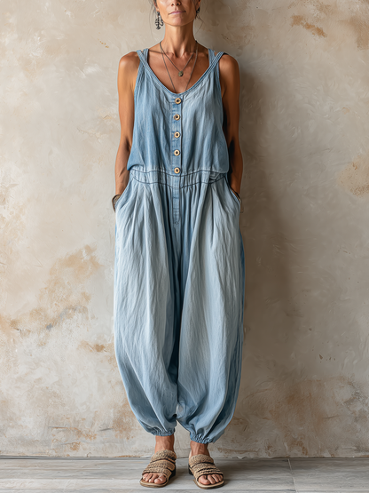 Light Blue Tencel Denim Sleeveless Harem Jumpsuit