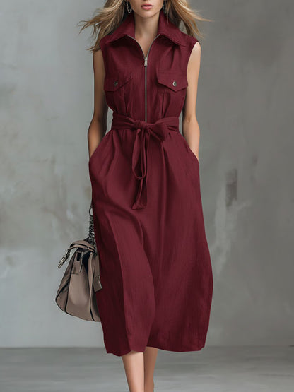 Women's Solid Color Lapel Sleeveless Casual Loose Cotton And Linen Dress