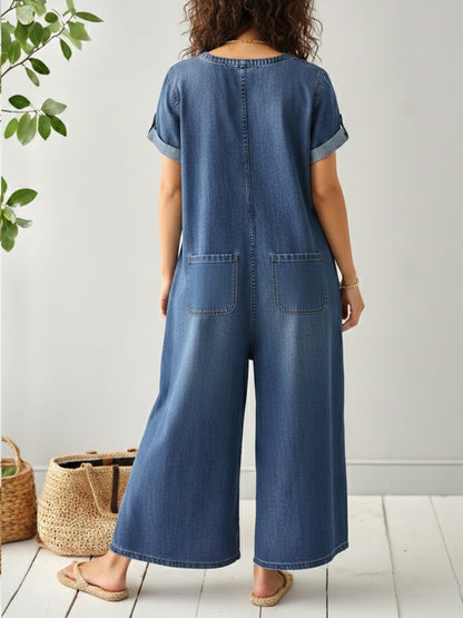 Women's Casual Loose Short-sleeved Denim Jumpsuit
