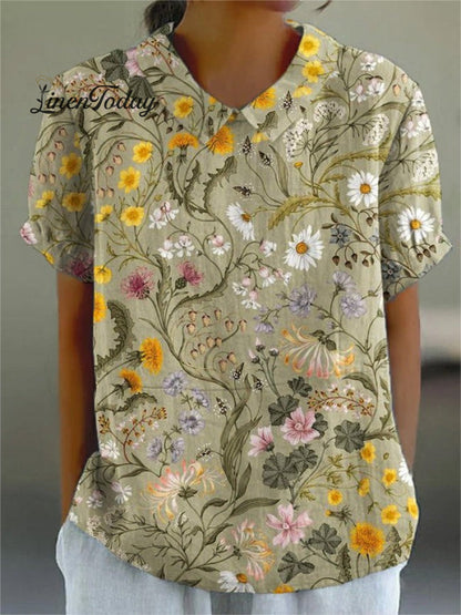 Women's Retro Floral Art Print Casual Cotton And Linen Shirt
