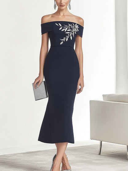 Navy Blue Off-the-Shoulder Print Dress