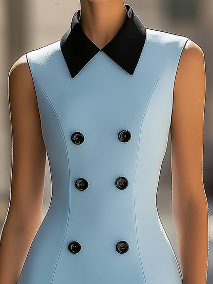 Sky Blue Satin Dress With Black Collar And Double Breasted Buttons