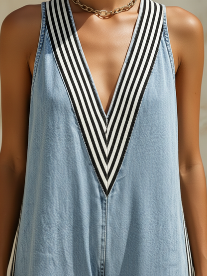 Light Wash Denim Striped Trim Wide-Leg Jumpsuit