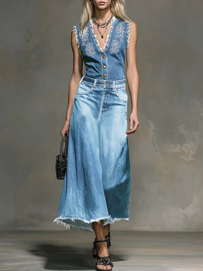 Women's V-neck sleeveless denim top and high-waisted casual loose denim skirt set