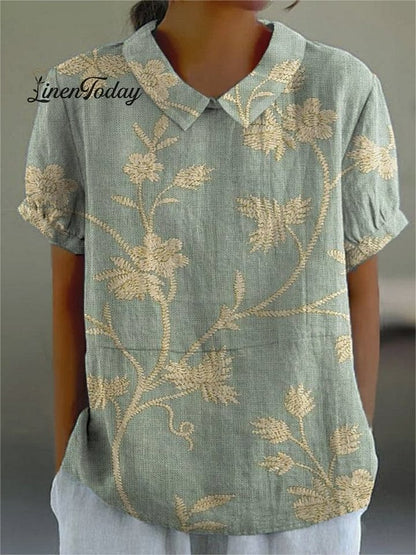 Women's Retro Floral Art Print Casual Cotton Casual Blouse